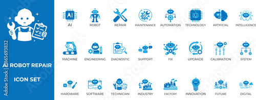 AI Robot Repair and Maintenance Icon Set Automation, Engineering, and Future Technology Symbols