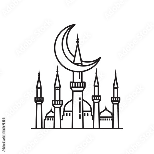 Simple Mosque Silhouette Illustration with Minarets and Large Crescent Moon Line Art