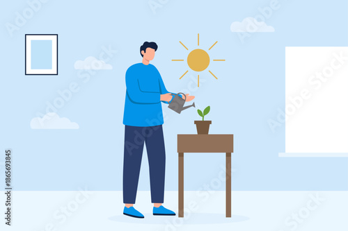 Man watering small green plant in pot for growth and investment concept