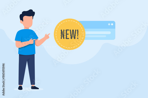 Young man pointing to a new label for product update and notification new feature announcement concept illustration