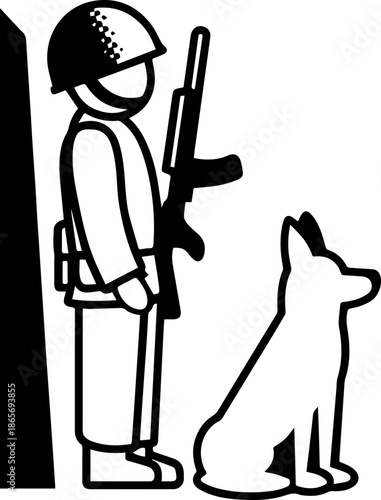 SVG vector illustration of soldiers and dogs.Soldier with Dog in Simplistic Line Art Style