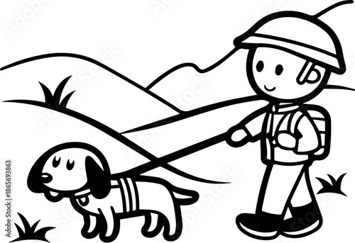 SVG vector illustration of soldiers and dogs.Police Officer Standing Next to Friendly Dog Graphic
