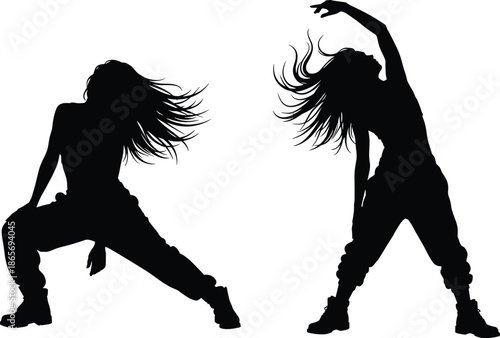 Hip hop women silhouettes dancing, street style female dancers, urban lifestyle concept, freestyle movement, energetic poses, modern youth culture