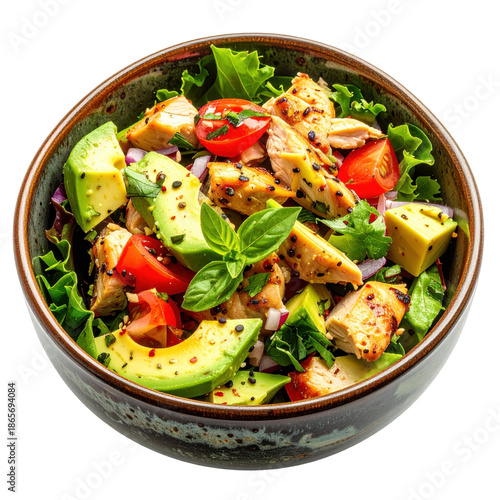 Delicious Grilled Chicken Salad with Avocado, Tomatoes, and Fresh Basil in a Bowl isolated white background