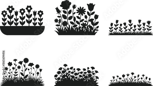 Flower Bed Silhouette Vector Set Garden Plant Borders