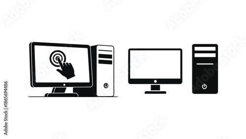 A black and white illustration of computer systems with monitors and towers