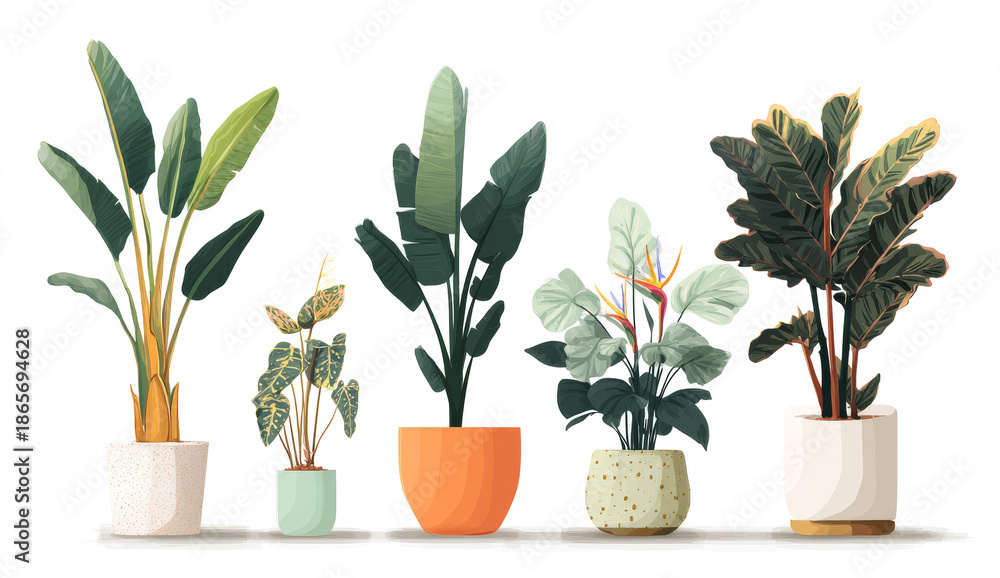 Fototapeta premium Collection of five vibrant strelitzia plants with broad, elongated green leaves in various textured pots for decorative indoor or outdoor gardening
