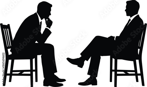 Two businessmen sitting face to face silhouette, corporate interview discussion concept, leadership negotiation conversation isolated black vector illustration design