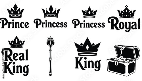 A collection of royal symbols and icons on a white background