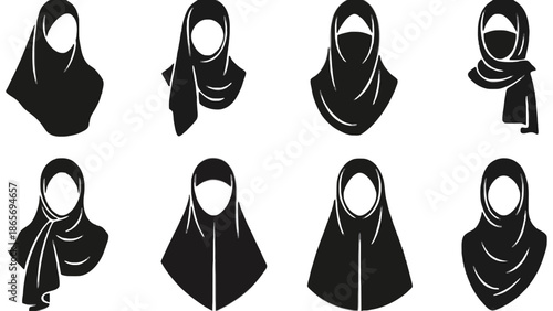 A collection of various hijab styles and designs in black and white