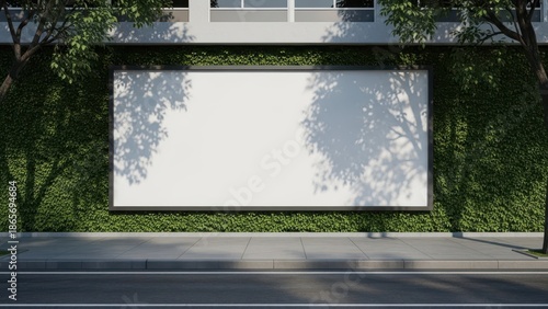 Large blank billboard on a green hedge wall beside a road