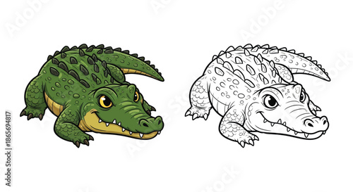 Realistic Green Crocodile in Water Coloring Page and Color Comparison for Kids Education