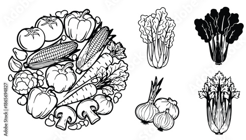 A black and white illustration of various vegetables and fruits arranged together