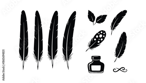 A collection of black feather silhouettes with an ink bottle and quill