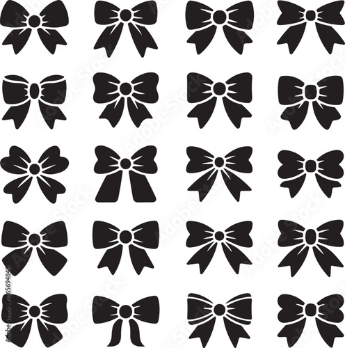Decorative bow silhouette. Gift wrapping favor ribbon, black jubilee bows stencil vector icons set