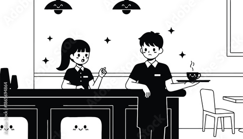 A cartoon illustration of a waiter and waitress in a modern cafe