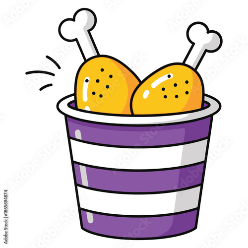 A cartoon illustration of a purple bucket filled with fried chicken