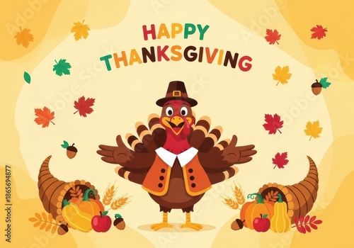 cartoon turkey in pilgrim outfit with pumpkins and leaves