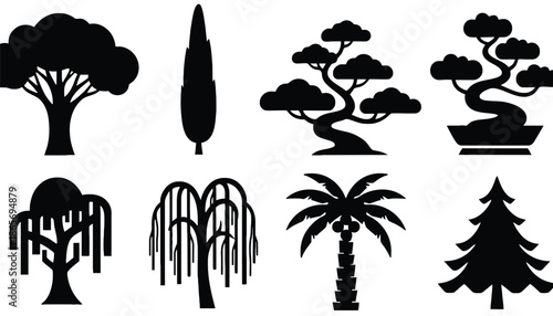 A collection of various tree silhouettes on a white background