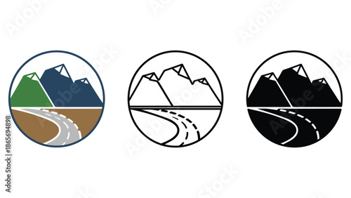 Three circular icons depicting mountains and a road.