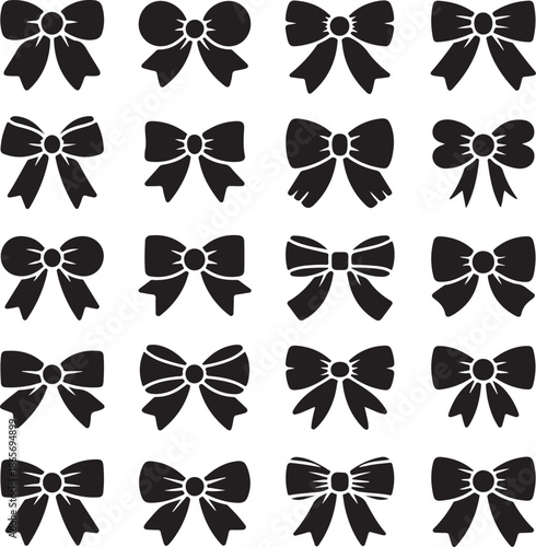 Decorative bow silhouette. Gift wrapping favor ribbon, black jubilee bows stencil vector icons set