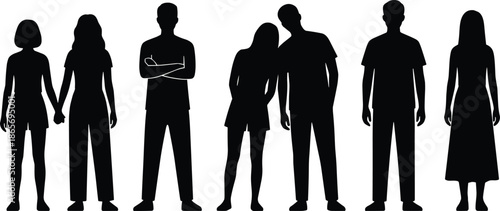 Young people silhouettes standing together, modern relationship concept, teenage and youth lifestyle, friendship bonding, social connection, group interaction illustration