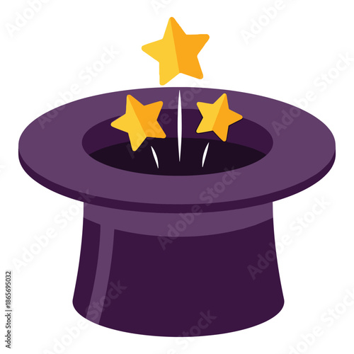A cartoon illustration of a purple top hat with three yellow stars emerging from it