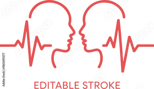 Editable red line love couple, man, woman head, line art vector. Heart rhythm ekg vector design to use in love, healthy lifestyle, emotion, romance concept illustration projects