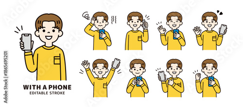 スマートフォンを持つ若い男性・学生の様々な表情・ポーズセット＿ベクターイラスト素材＿カラー