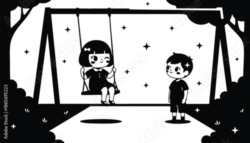 A black and white illustration of a girl on a swing and a boy standing nearby in a park at night