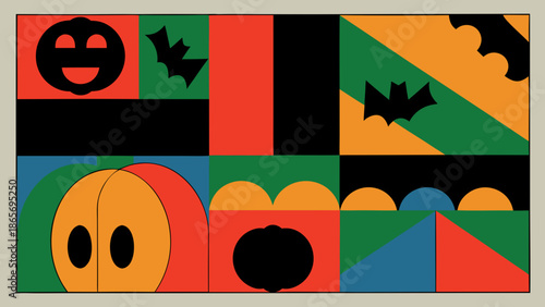 Colorful halloween vector art combining geometric shapes and spooky symbols like bats and jack