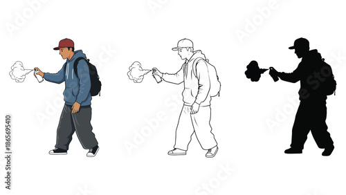 A person sprays paint from a can, depicted in three styles.