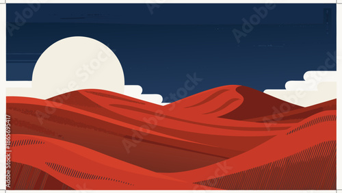 Minimalist digital desert landscape with majestic red sand dunes at sunset