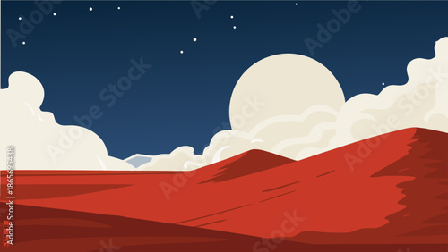 Red sand desert landscape captured minimally with a glowing moon and stars in the night sky