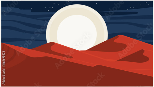 Red sand dunes under a luminous full moon on a clear night with stars