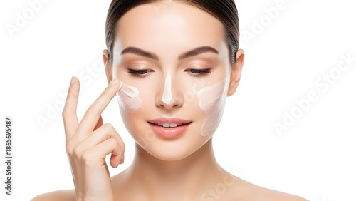 Woman applying cream to her face with finger isolated on white background