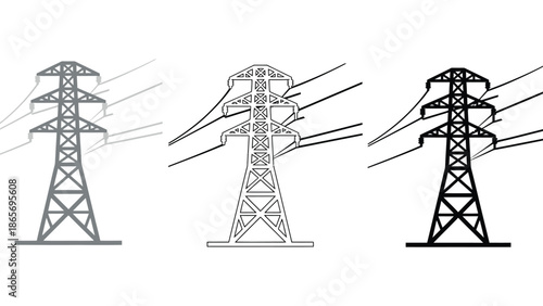 Three different styles of electricity pylons are shown in a row.