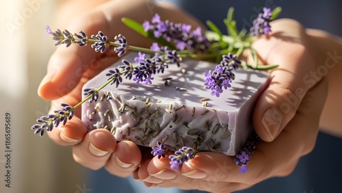 Hands gently holding a lavender soap bar with purple flowers on top