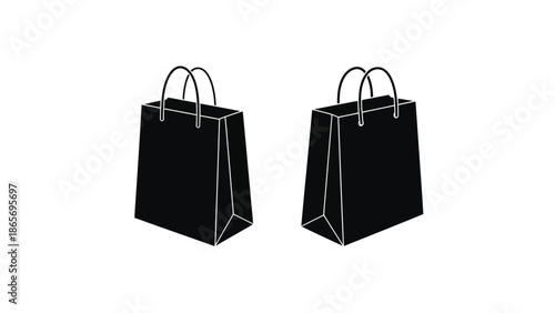 Two black shopping bags with handles on a white background