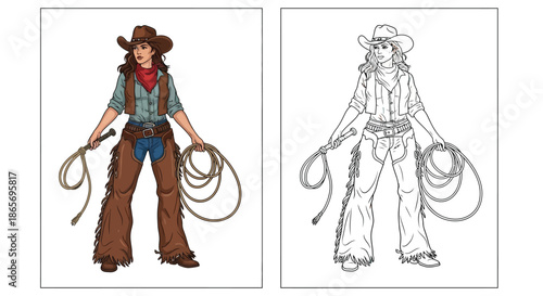 Western Cowgirl Holding Lasso Rope Portrait Historical Frontier Woman Action Illustration