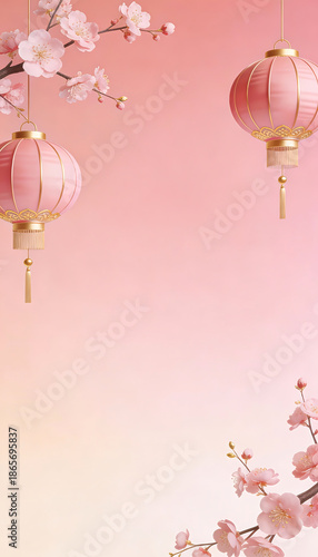 Chinese lantern pink blossom floral branch pastel gradient new year 2026 celebration spring festival festive decoration oriental style holiday background Chinese lantern and pink blossom pastel
