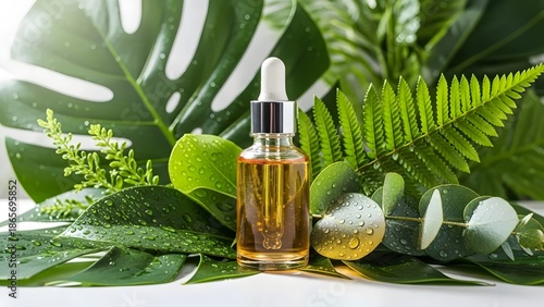 Bottle of oil serum with green leaves and plant slices on a white surface.