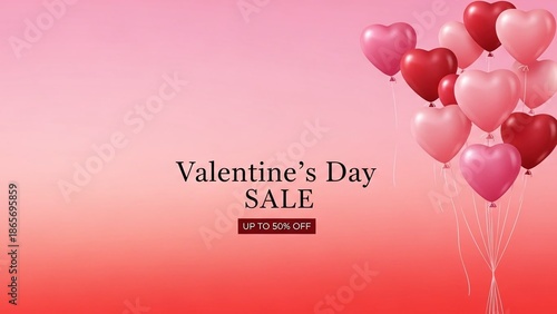 Valentine's Day Sale Heart Balloons Floating Pink Background Discount Promotion