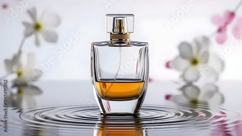 A bottle of perfume sitting on rippling water with flowers in the background