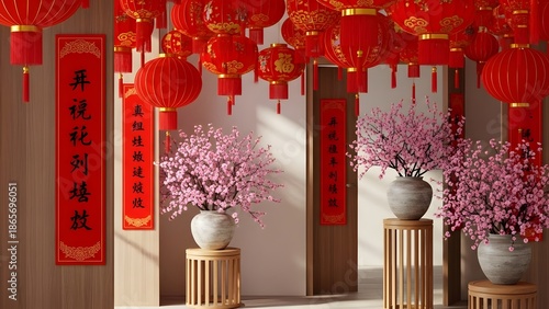 Vibrant Chinese New Year Decorations with Red Lanterns Cherry Blossoms and Traditional Couplets.