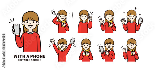 スマートフォンを持つ若い女性・学生の様々な表情・ポーズセット＿ベクターイラスト素材＿カラー