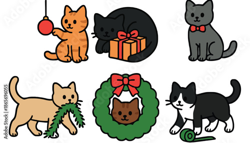 A group of cartoon cats playing with Christmas decorations and gifts