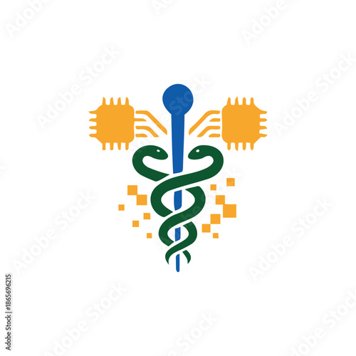 Medical fitness logo combining microchip and caduceus for health and wellness brands