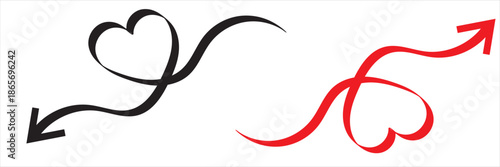 Heart Shaped Line Arrow Love Symbol. Minimal black line forming a heart and arrow, symbolizing love journey, direction, romance, and emotional connection in simple graphic design.

