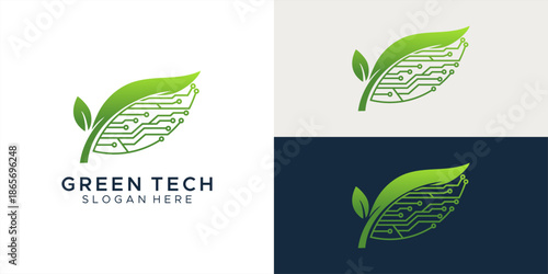Green Tech Logo with Eco Leaf and Digital Circuit Board Elements for Sustainable Technology and Innovation Branding